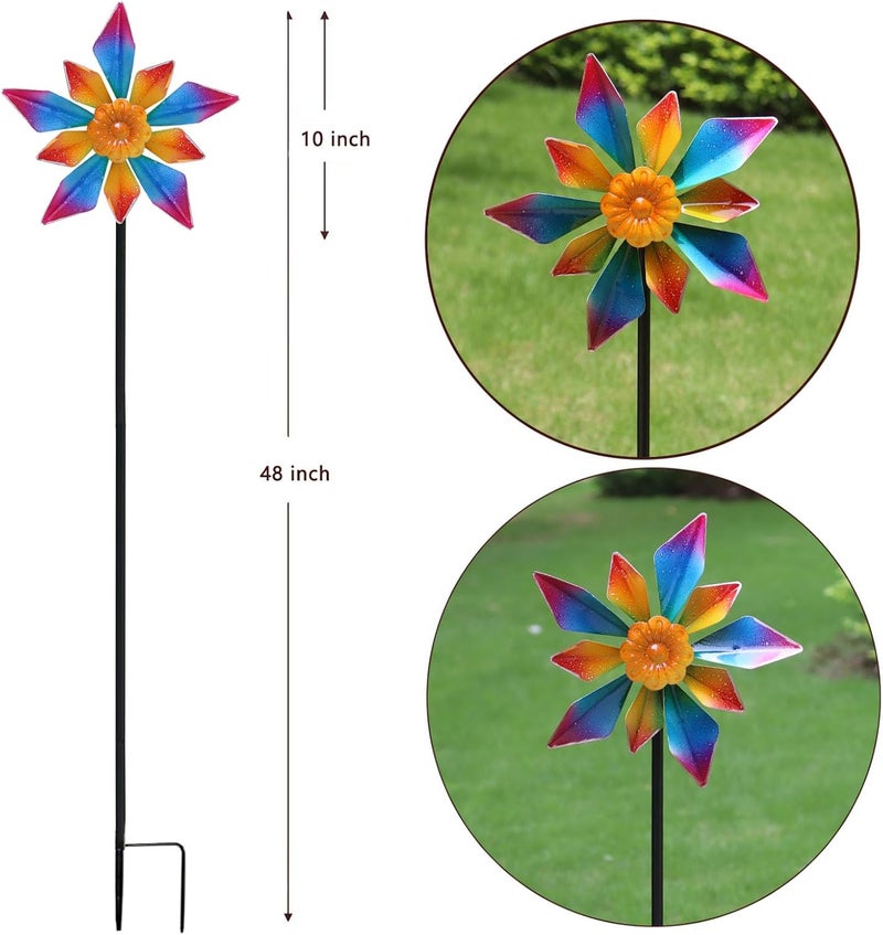 LERFUGI 10" Small Metal Wind Spinner for Garden, 48" Tall Outdoor Flower Yard Decoration – Rainbow Gradient Petals, Weather-Resistant Garden Stake Spinner for Patio & Planter - Image 3